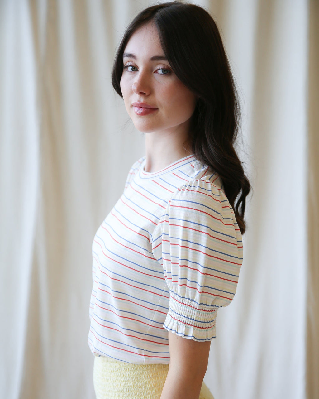Trés Belle Striped Cotton-Modal Puff Sleeve Top for Women