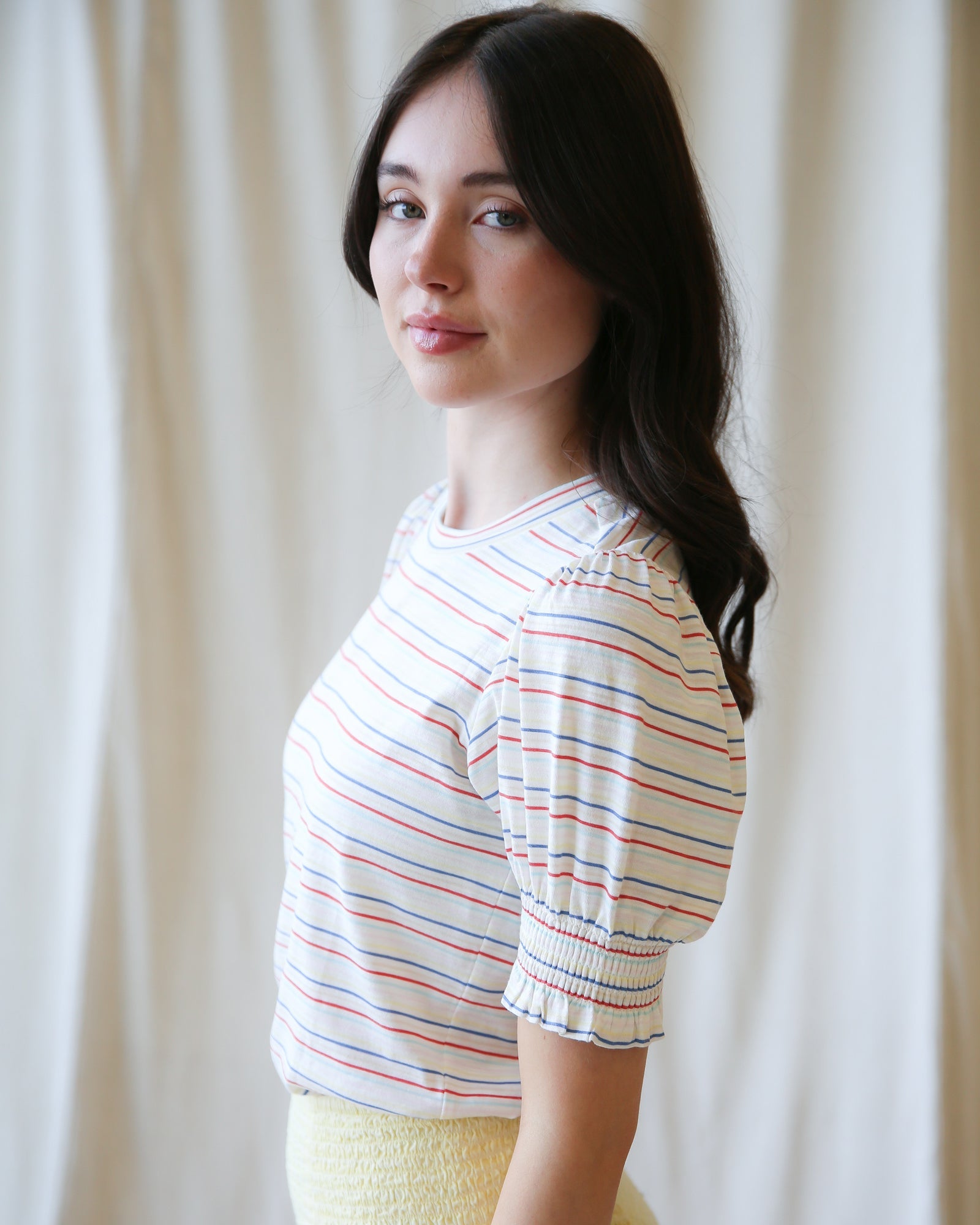 Trés Belle Striped Cotton-Modal Puff Sleeve Top for Women