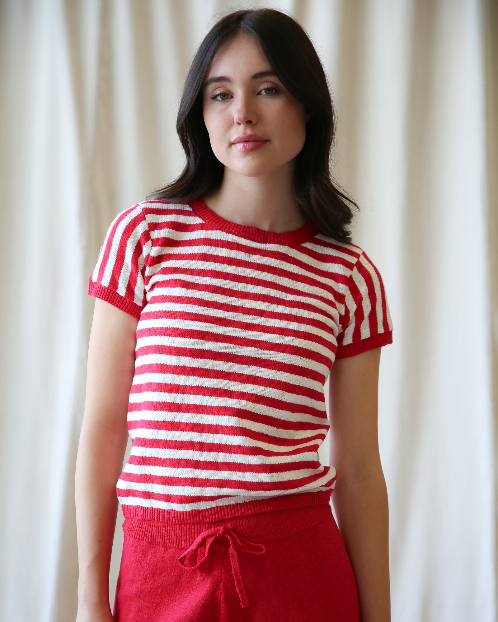 Round Trip Striped Short Sleeve Knit Crewneck Pullover