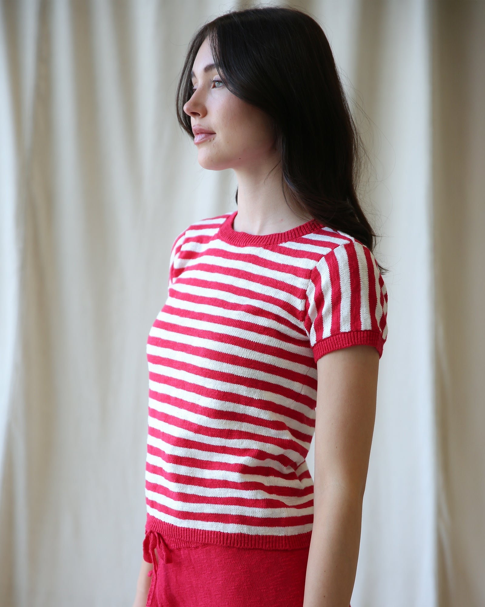 Round Trip Striped Short Sleeve Knit Crewneck Pullover