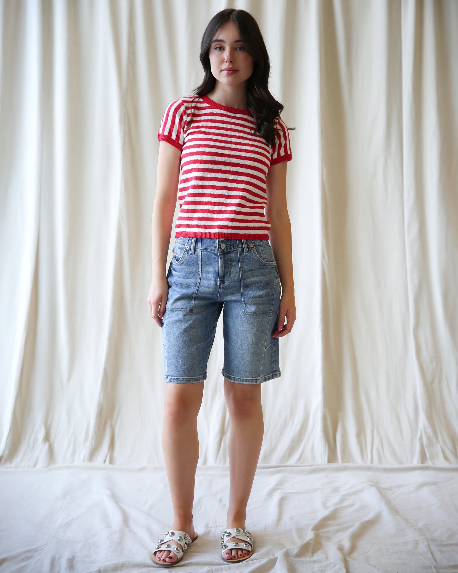Round Trip Striped Short Sleeve Knit Crewneck Pullover