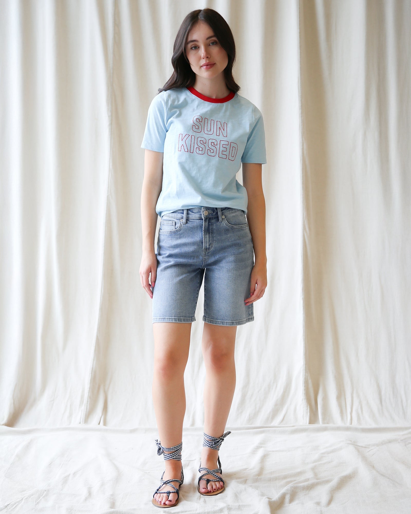 Sun Kissed Tee: Women’s Retro Cotton Graphic T-Shirt in Light Blue