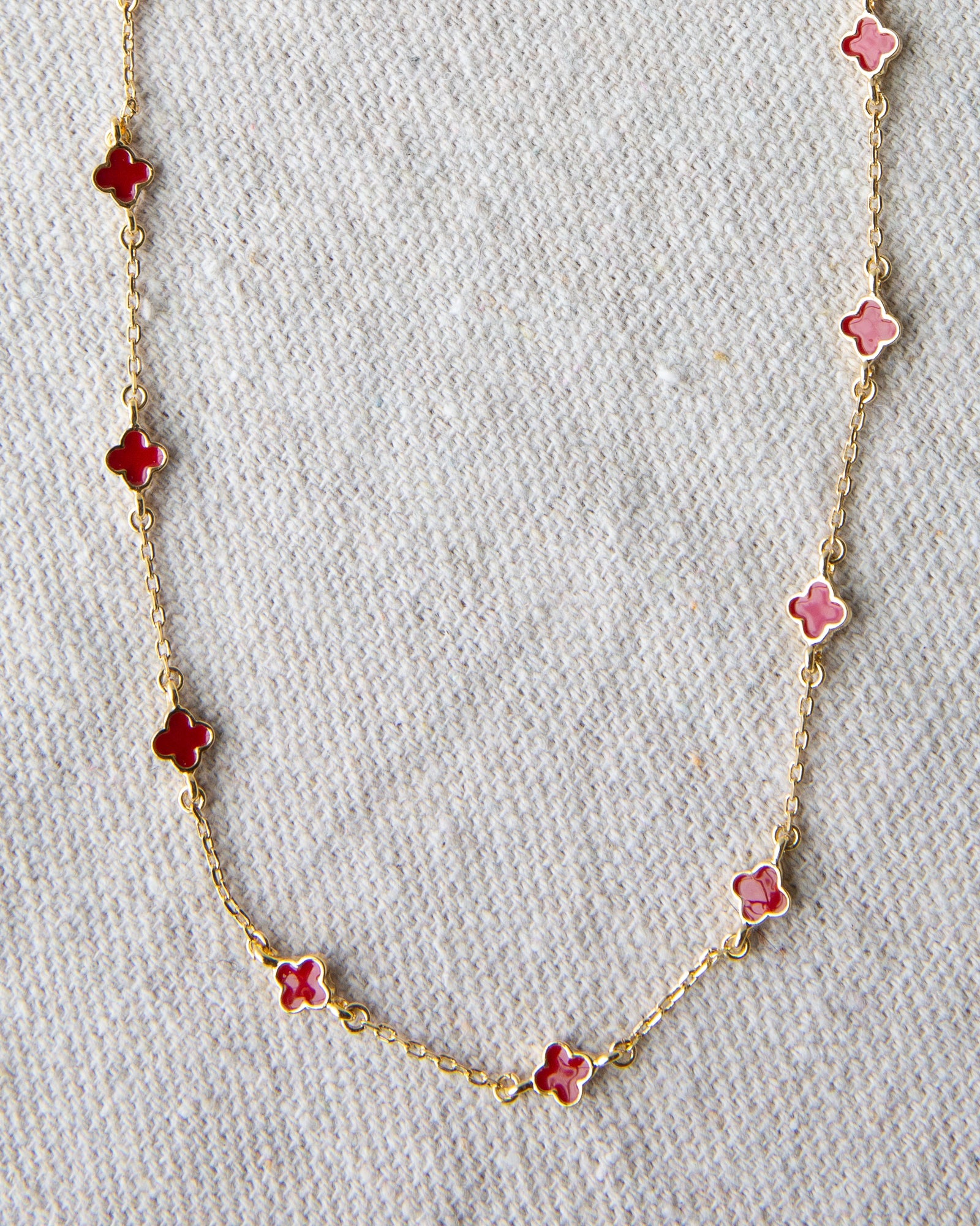 Lucky Me Gold-Plated Chain Necklace with Red Enamel Clovers