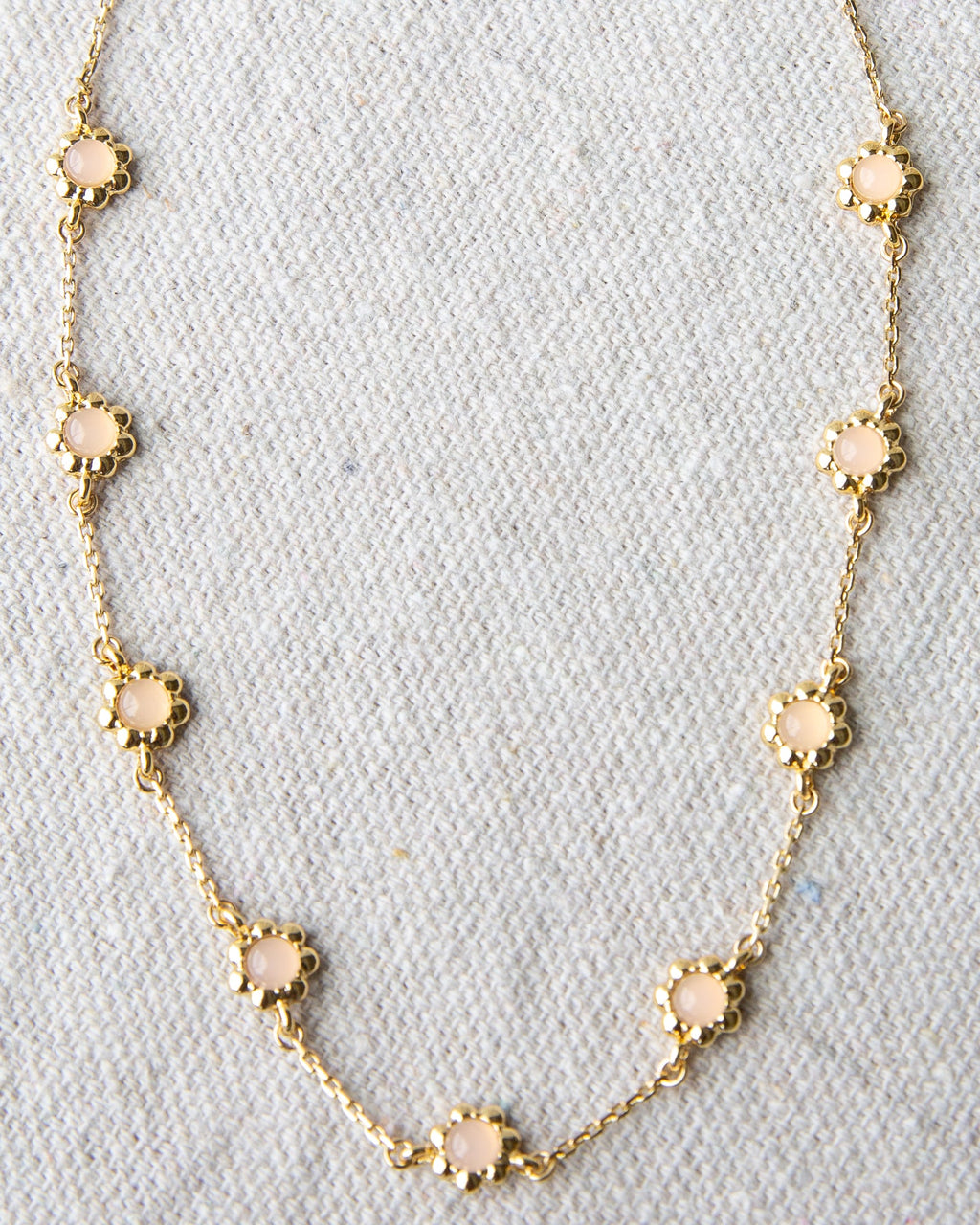 Mini Flower Necklace: 14K Gold Plated Rose Quartz Color Glass