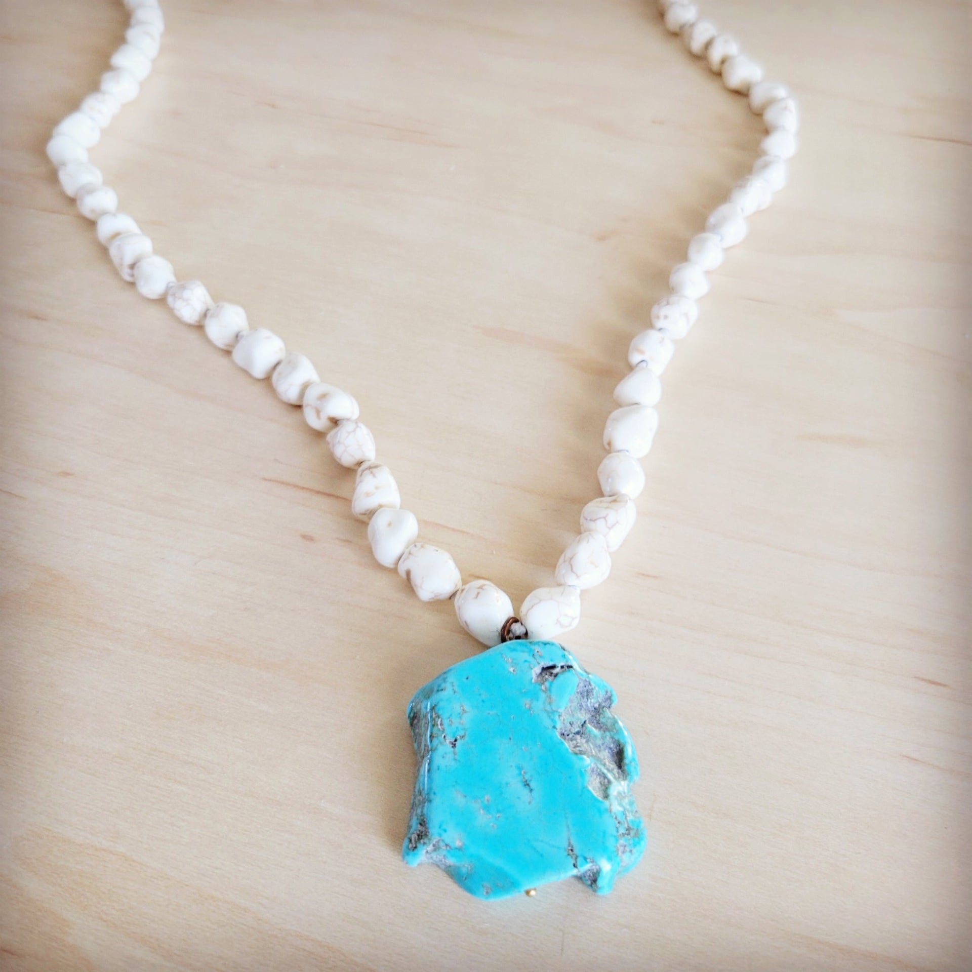 Long White Turquoise Beaded Necklace with Blue Slab Pendant - Image 2