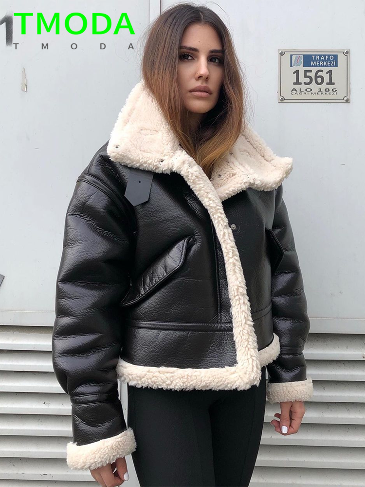 Women's Black Faux Leather Shearling Moto Jacket Harajuku - Image 5