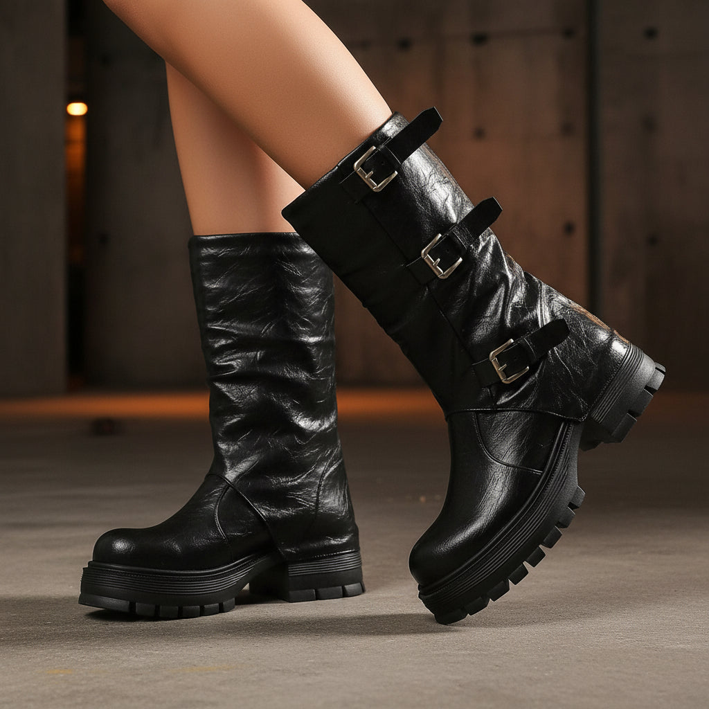Women's Triple Buckle Moto Boots – Distressed PU Chunky Platform Block Heel