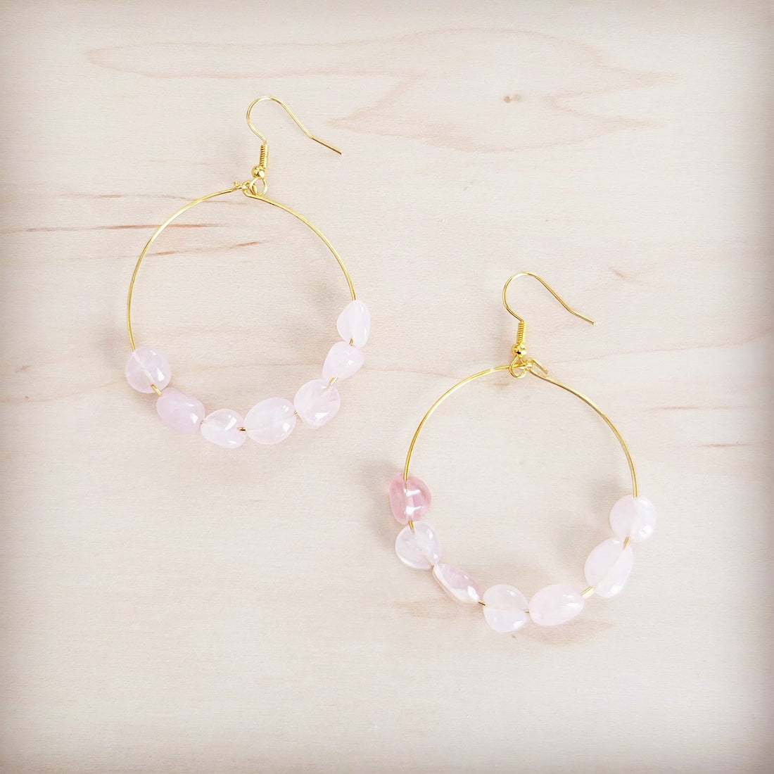 **Beaded Hoop Earrings- Genuine Natural Rose Quartz Stones 200bk