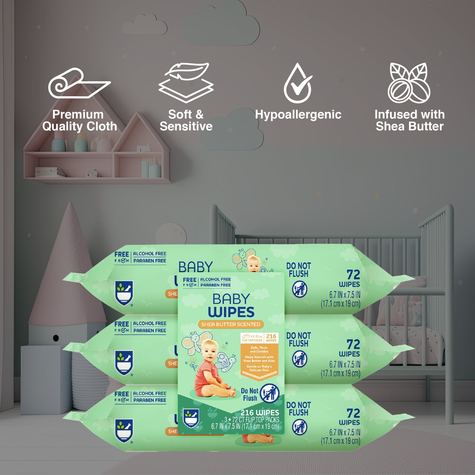 Baby Wipes – Aloe Vera & Shea Butter Infused | 99% Water-Based | Resealable Pack for Sensitive Skin