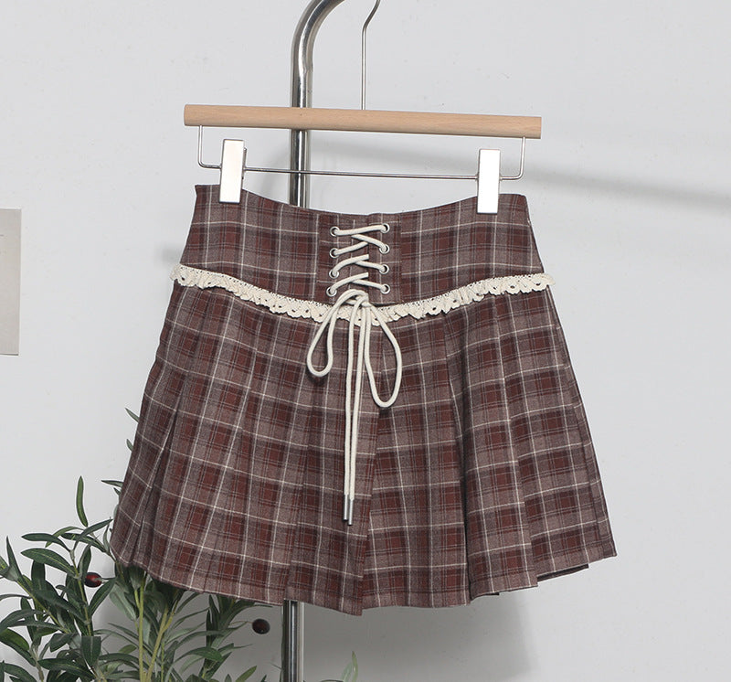 Checkered Pleated Mini Skirt with Decorative Lace-Up Detail - Image 6