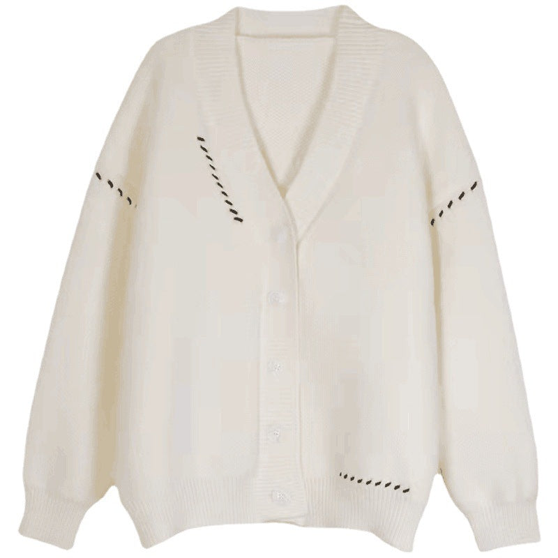 Women's V-Neck Loose Knit Cardigan with Contrast Stitching - Image 6