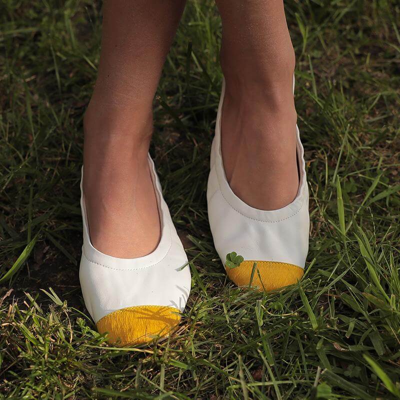 White Leather Ballet Flats with Yellow Calf Hair Toe Detail - Image 5