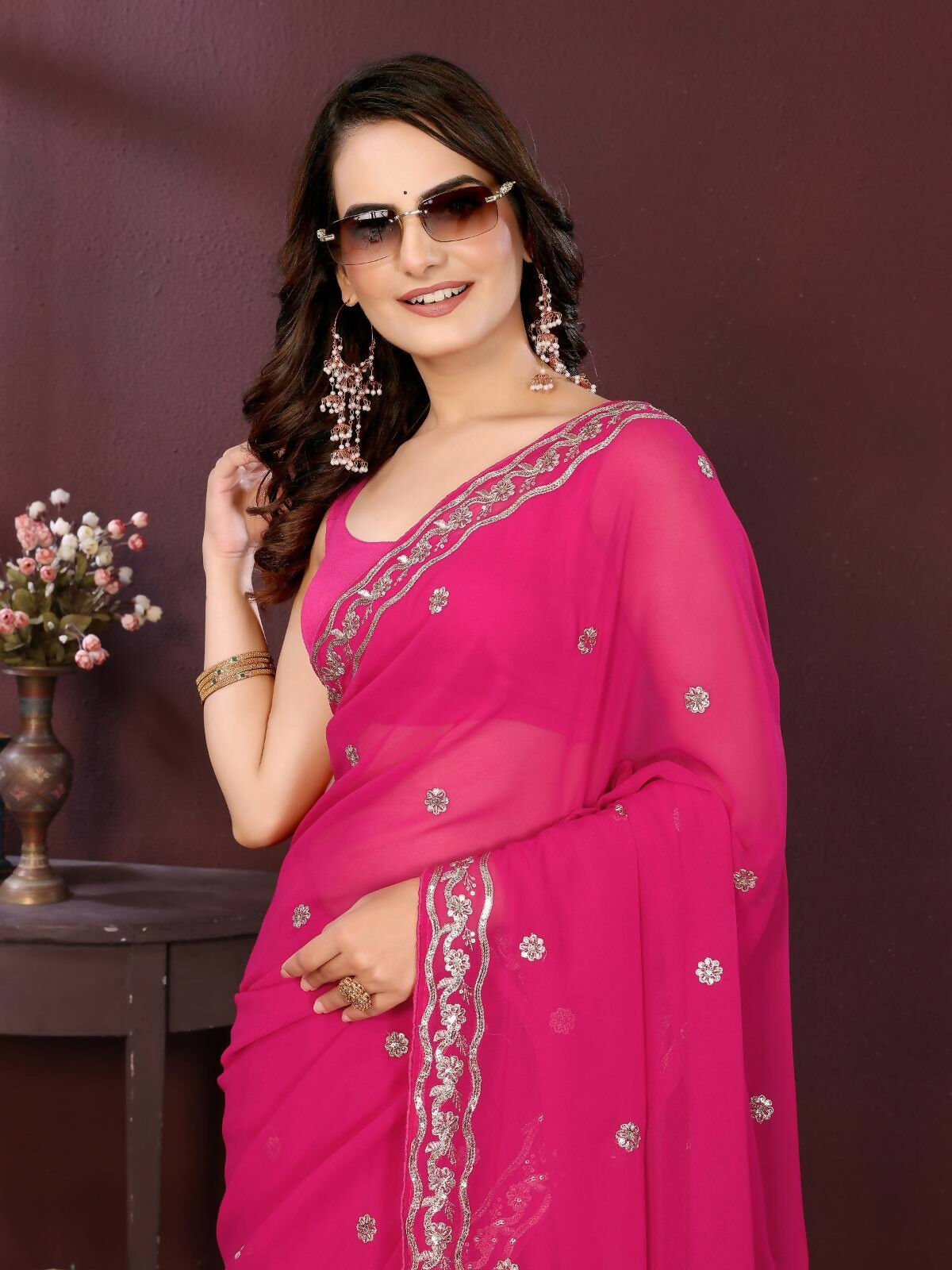 Pink Soft Georgette Embroidery Party Wear Saree with Blouse