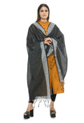 Black handloom cotton dupatta with a white dot pattern.