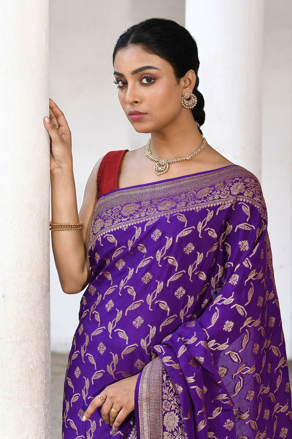 Purple Crepe Chiffon Pure Handloom Banarasi Silk Saree