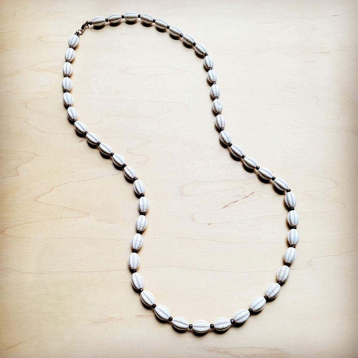 White Turquoise & Wood Beaded Necklace 36"