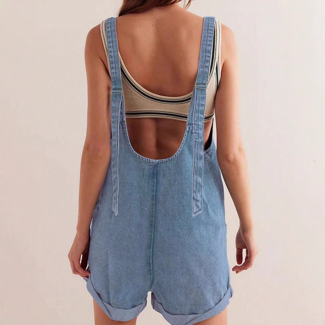 Women's Loose Denim Overall Shorts Summer Streetwear Bib Shorts