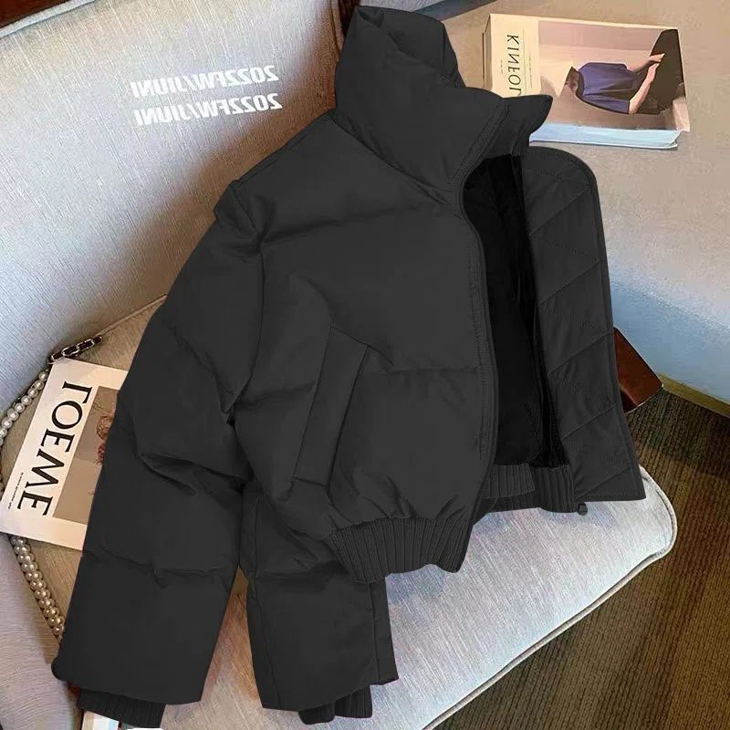 Women's Harajuku Black Stand Collar Thick Cotton Puffer Jacket - Image 2