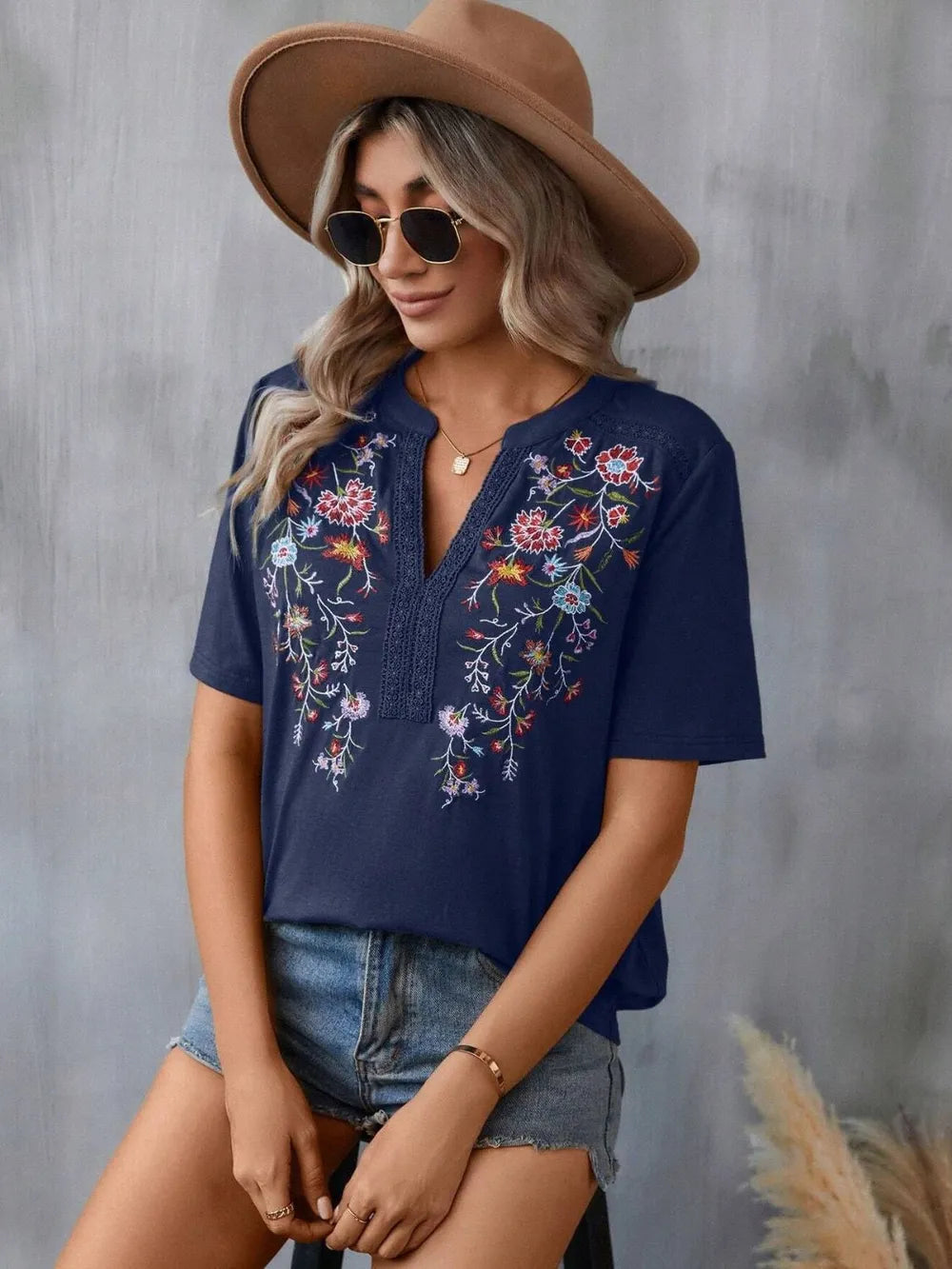 Boho Floral Embroidered Notched V-Neck Lace Trim Top