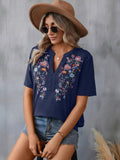 Boho Floral Embroidered Notched V-Neck Lace Trim Top