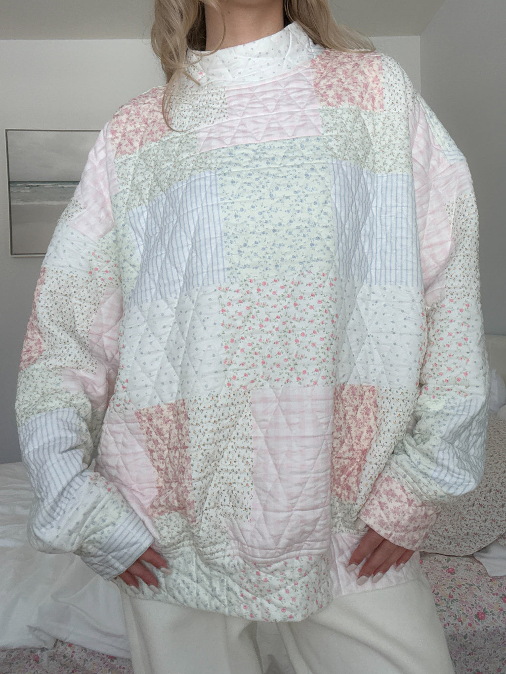 Quilted Pastel Mockneck Sweatshirt: Oversized Floral Patchwork Top