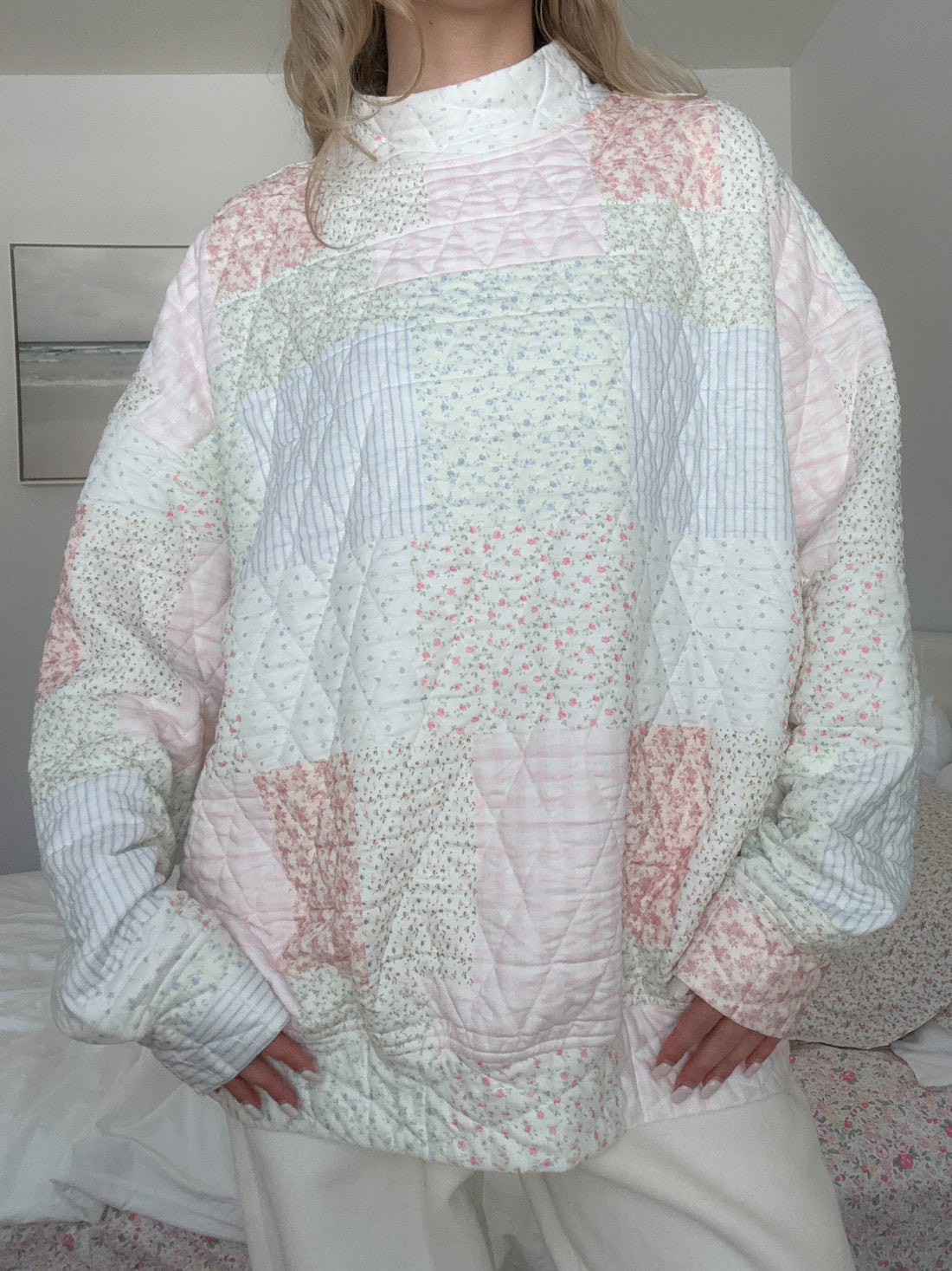 Quilted Pastel Mockneck Sweatshirt: Oversized Floral Patchwork Top