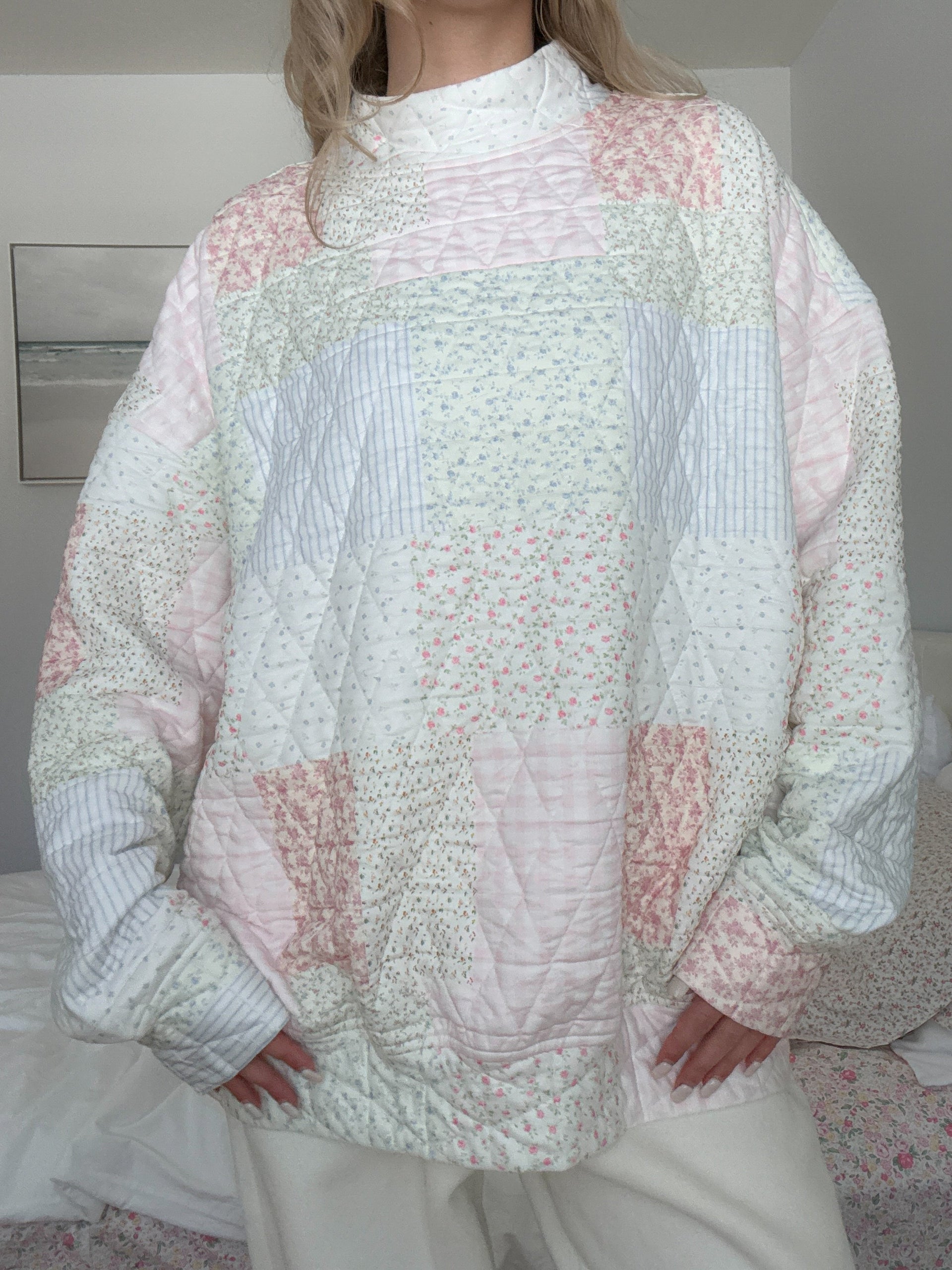 Quilted Pastel Mockneck Sweatshirt: Oversized Floral Patchwork Top