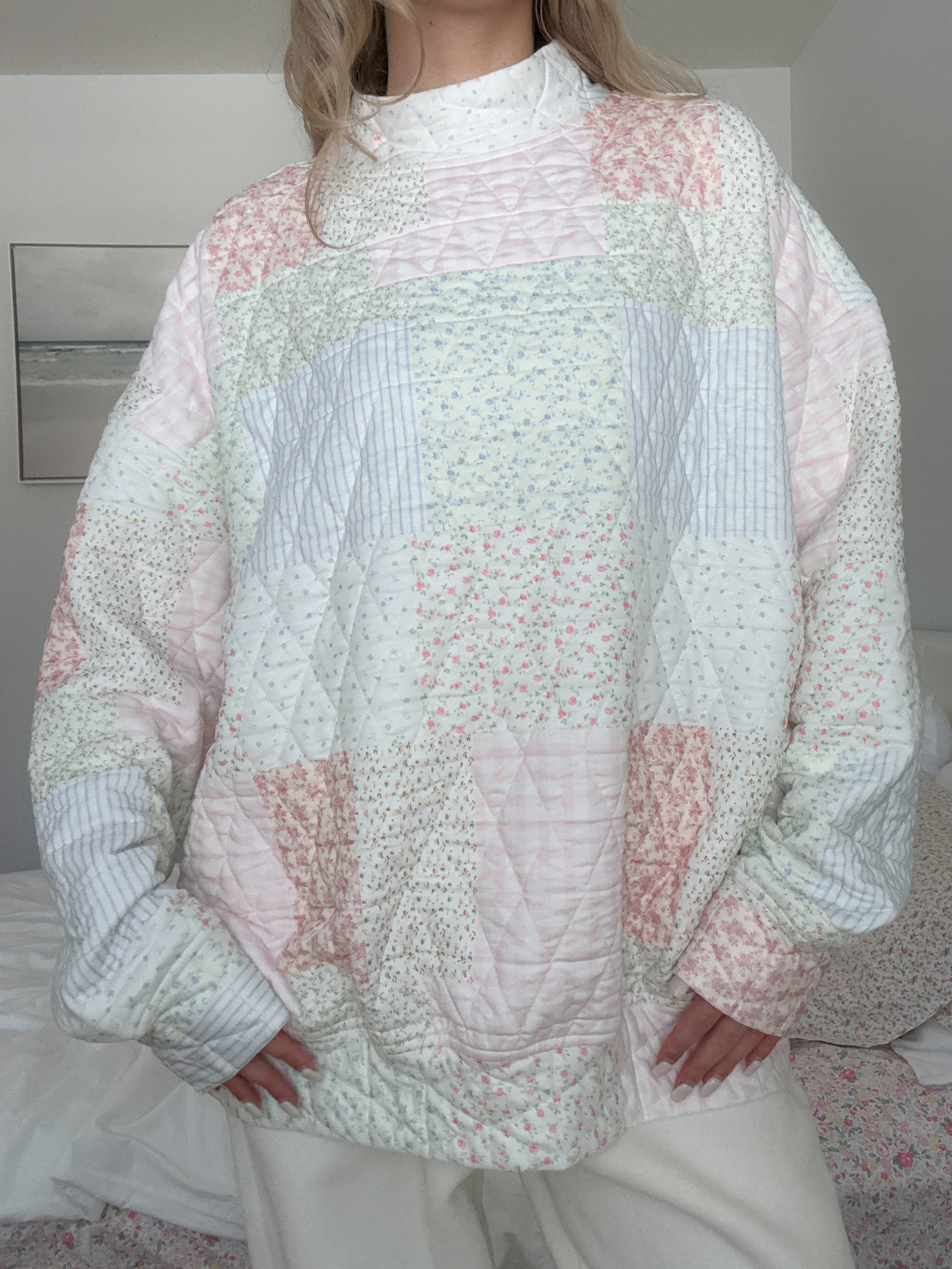 Quilted Pastel Mockneck Sweatshirt: Oversized Floral Patchwork Top