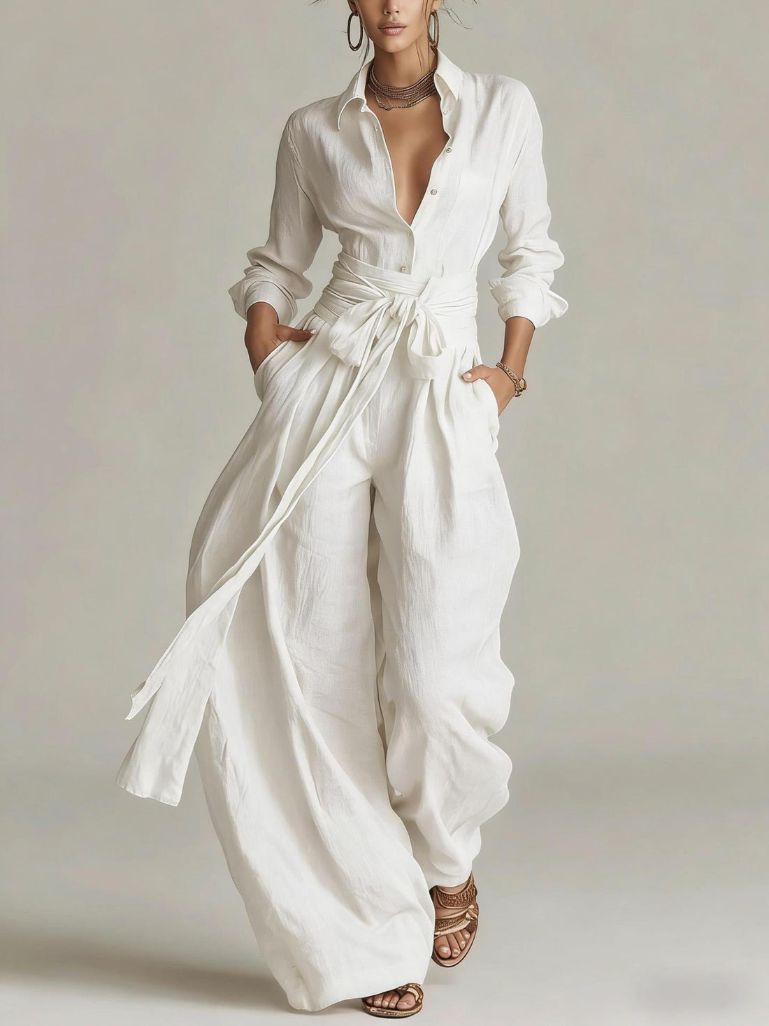 Women's Collared Long Sleeve Shirt and High-Waist Wide Leg Set - Image 6