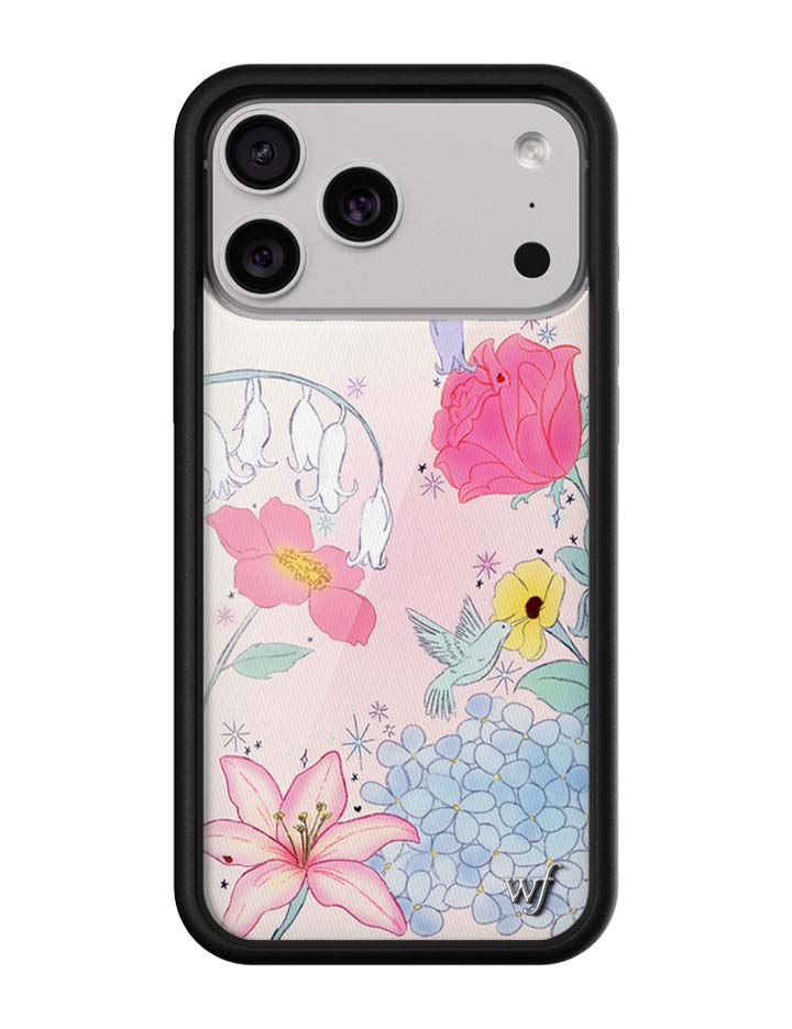 Bluebelle Dreams iPhone case with blue flowers and a hummingbird on a pastel background