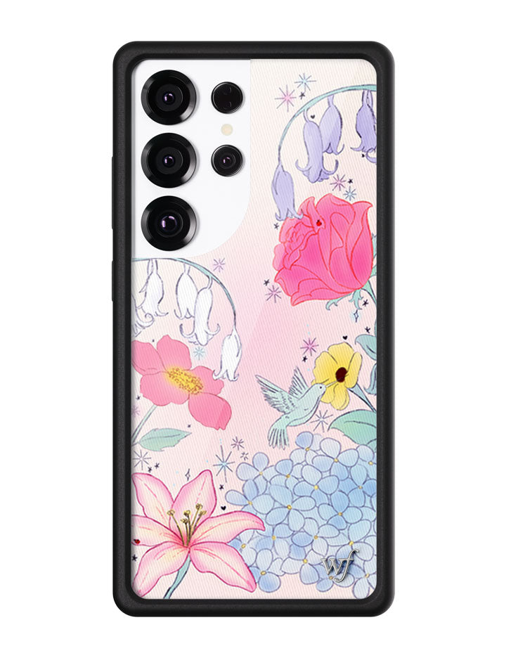 Samsung Galaxy phone case featuring a pastel garden scene with bluebells, roses, and a hummingbird