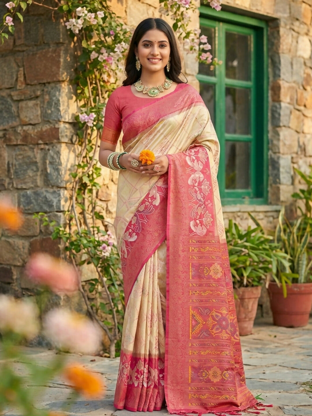 Cream Pochampally Silk Saree featuring traditional weave and matching blouse piece.