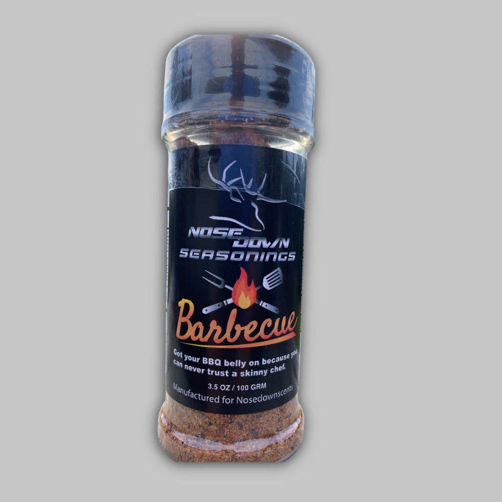 3.5oz bottle of Nose Down Seasonings BBQ rub with black label and orange typography