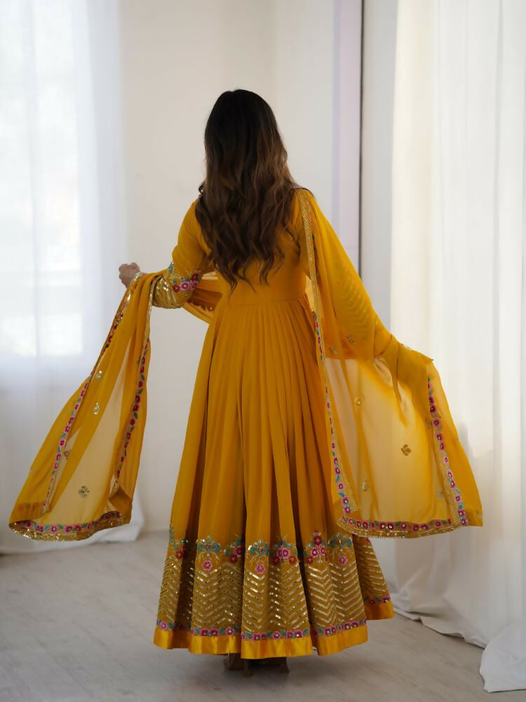 Mustard Georgette Sequence Embroidery Readymade Kurta Set