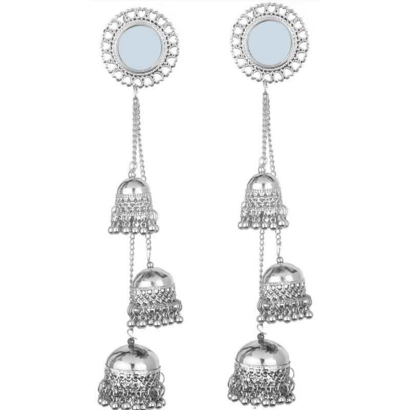 Traditional silver Kashmiri mirror Jhumka earrings with tiered step design