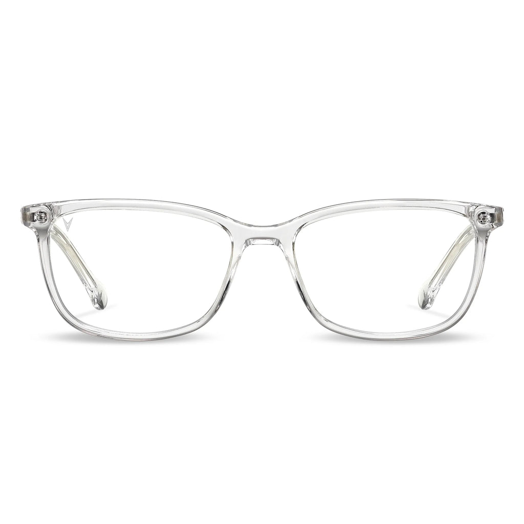 Camden blue light blocking glasses featuring a crystal transparent frame.