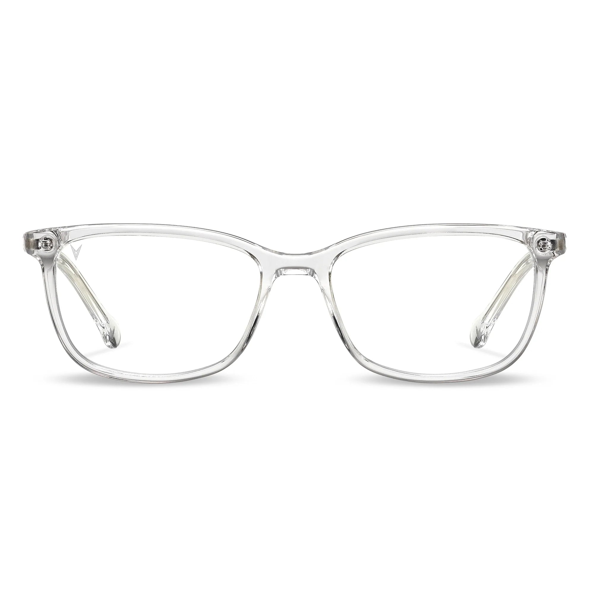 Camden blue light blocking glasses featuring a crystal transparent frame.