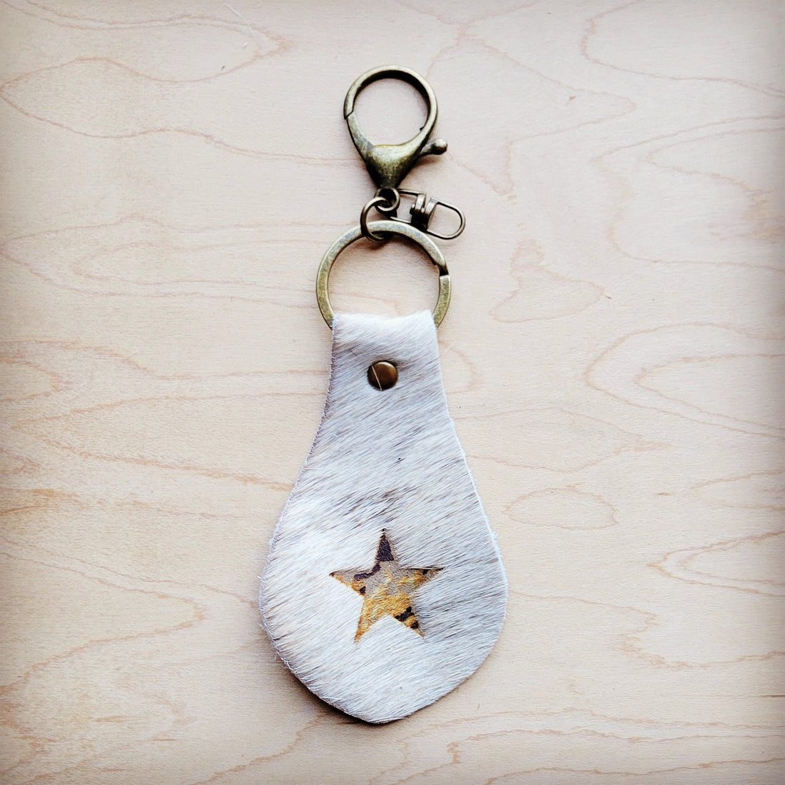 White Hair-on-Hide Leather Key Chain with Gold Star Detail - Image 2
