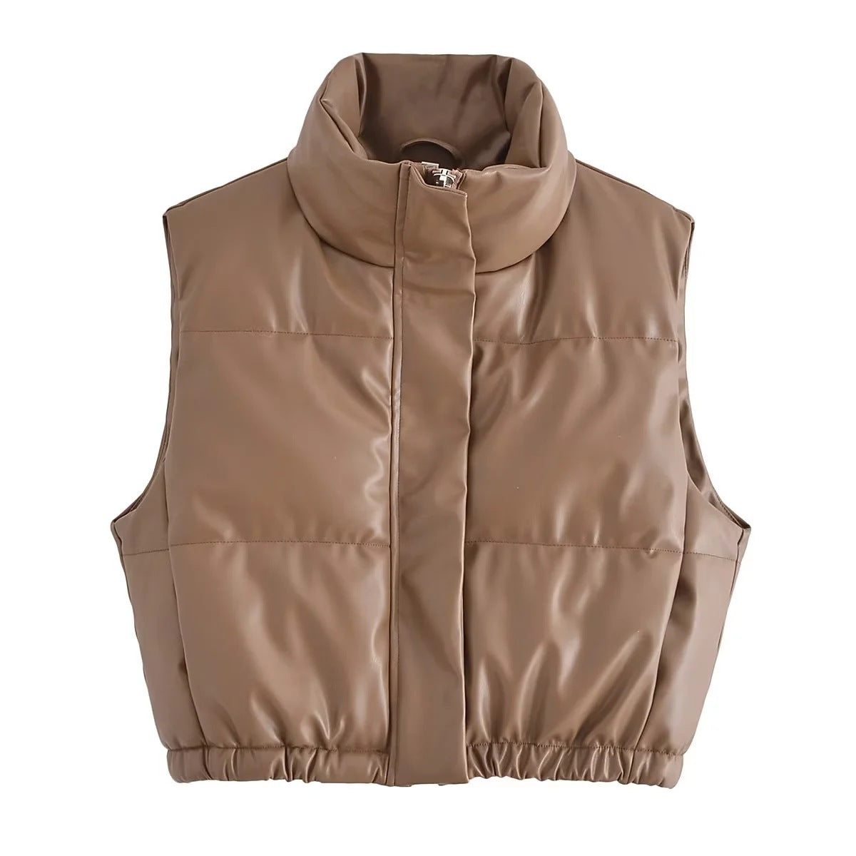 Women's Cropped PU Leather Puffer Vest with Stand-Up Collar - Image 10