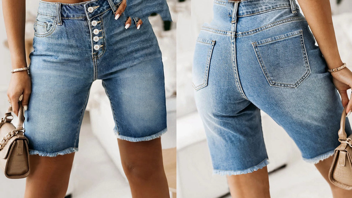 Women’s Cotton Denim Shorts Mid-Length Frayed Hem Distressed