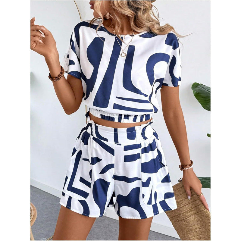 Printed Casual Two-Piece Set: Short Sleeve Top & Shorts for Summer