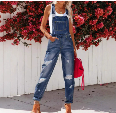 Women's Cropped Ripped Denim Overalls Streetwear Bib Jeans