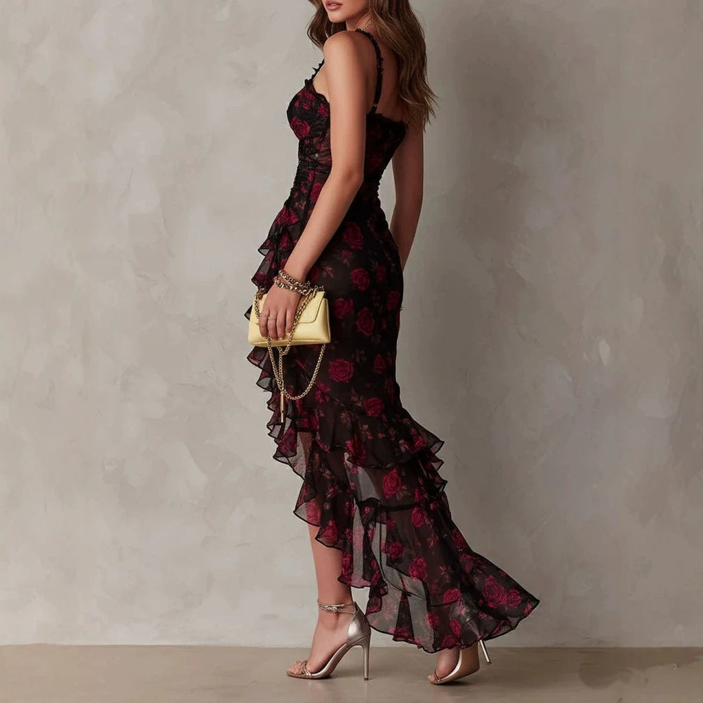 Floral Print A-Line Midi Dress Ruffle Hem High-Waist Sundress