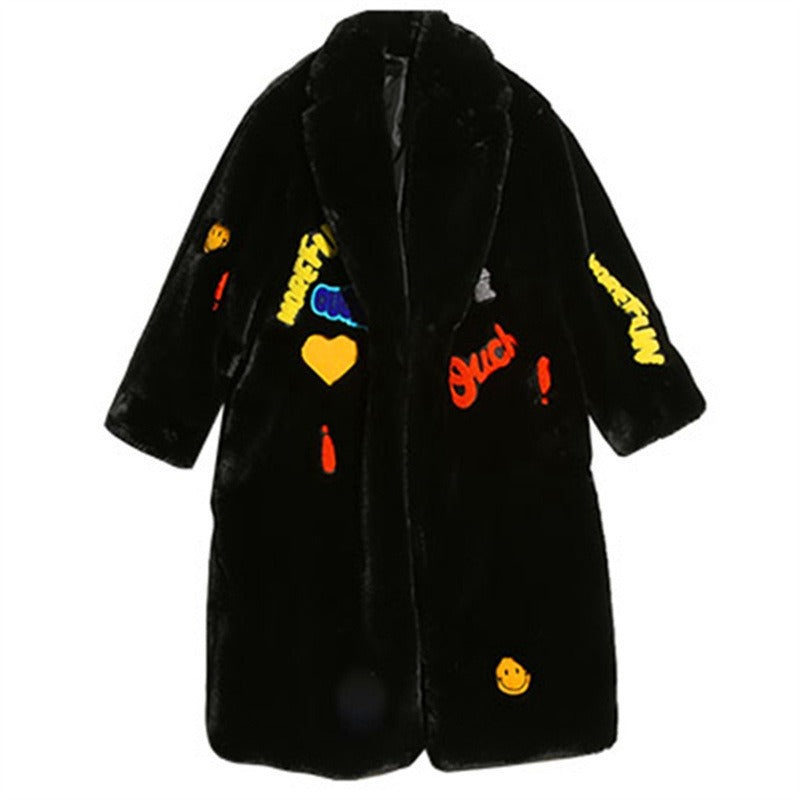 Plush Faux Fur Teddy Coat with Playful Patches - Harajuku Style - Image 5