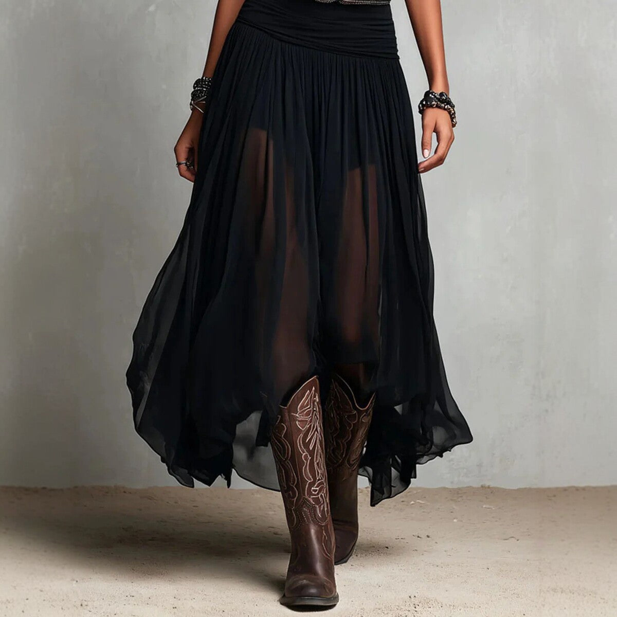 Black Mesh Strap Maxi Dress V-Neck Pleated Chiffon Evening Gown