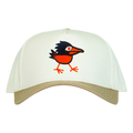 Doodle Bird graphic snapback hat in off-white with navy and orange accents.
