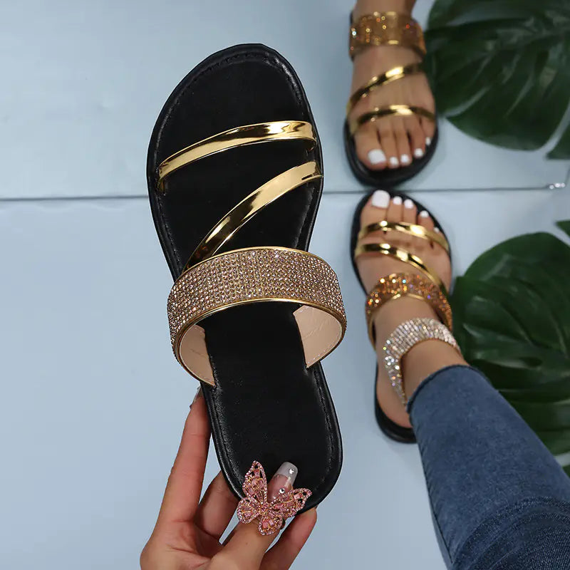Women's Black Rhinestone Slip-On Casual Sandals Flat Footwear - Image 19