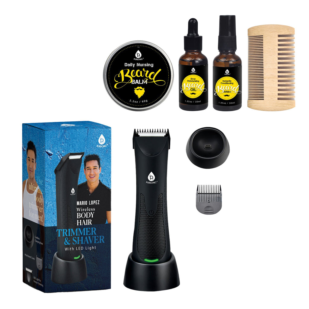 Mario Lopez wireless body hair trimmer and beard care kit bundle with oils, balm, and comb