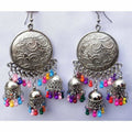 Silver tone traditional chandbali jhumka earrings with multi-color glass pearls