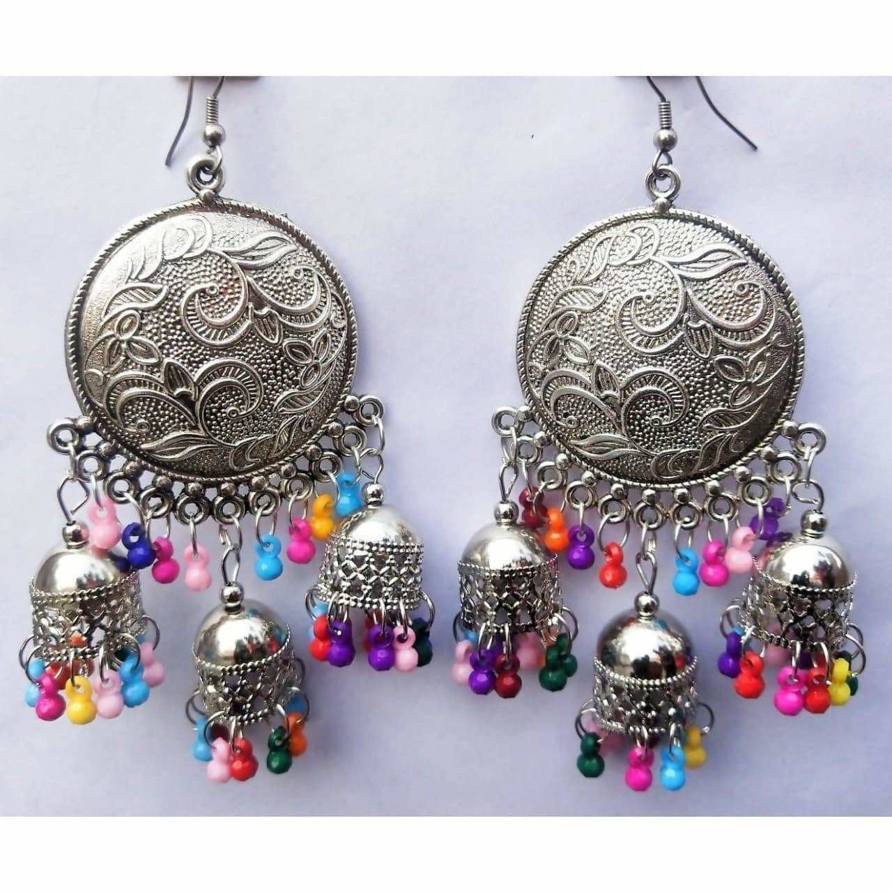 Silver tone traditional chandbali jhumka earrings with multi-color glass pearls
